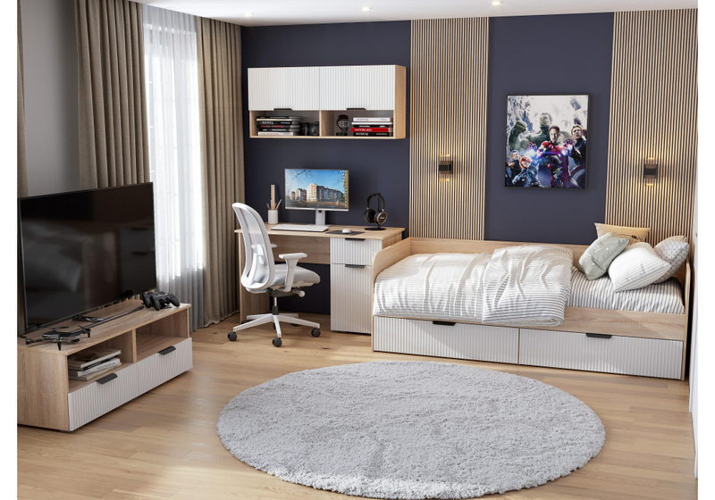 Кровать, Стокгольм КРД03-90 90х200 дуб сонома / line софт пломбир