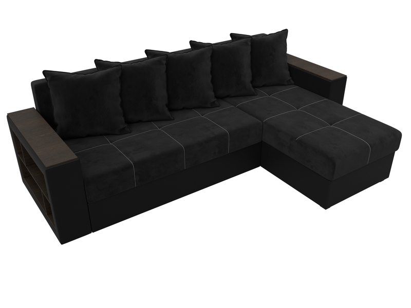 Диван угловой Дубай Лайт угол универсальный, Велюр;Экокожа, Черный;Черный