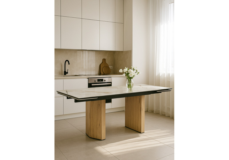 Керамический стол, Монерон 180(240)x90 calacatta gold / дуб монтана