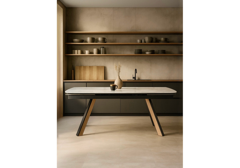 Керамический стол, Симмонс 180(260)x90 statuario titan gloss / черный / орех дуб монтана