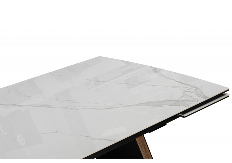 Керамический стол, Симмонс 180(260)x90 statuario titan gloss / черный / орех дуб монтана