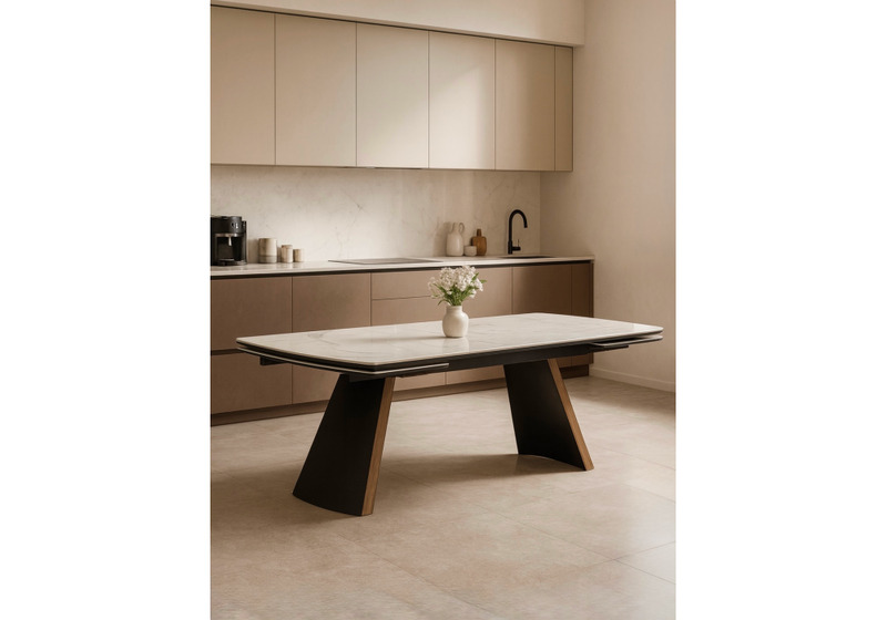 Керамический стол, Симмонс 180(260)x90 statuario titan gloss / черный / орех дуб монтана